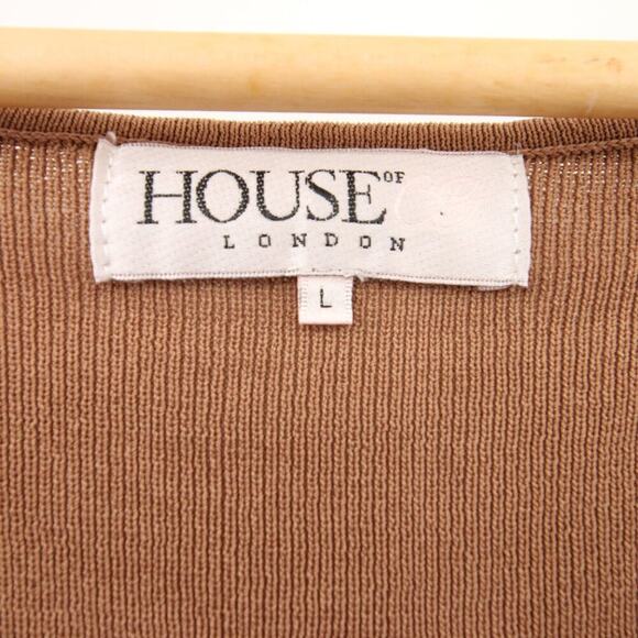 House of CB London Maxi Dress Tan Nude Ribbed Long Sleeve Slit Scoop Neck Large - Picture 9 of 11